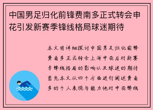 中国男足归化前锋费南多正式转会申花引发新赛季锋线格局球迷期待