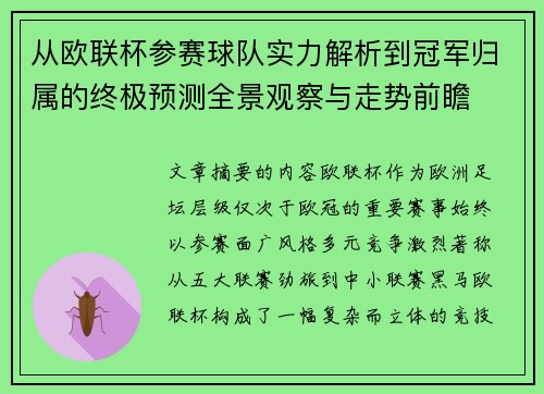 从欧联杯参赛球队实力解析到冠军归属的终极预测全景观察与走势前瞻